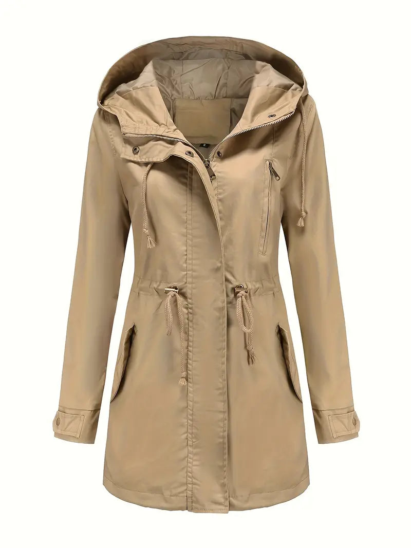 Long Hooded Drawstring Parka in Khaki | Valenira