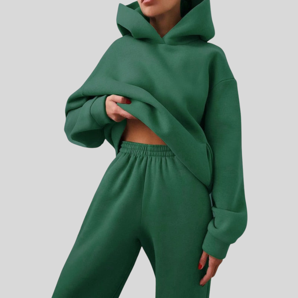 Green hooded top and jogger set in brushed fleece, front view