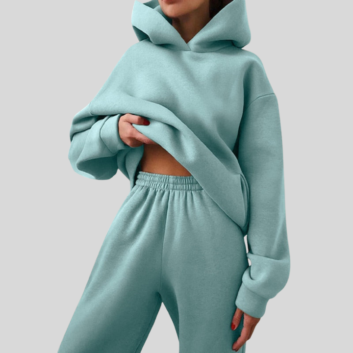 Soft mint hooded top and jogger set, front view
