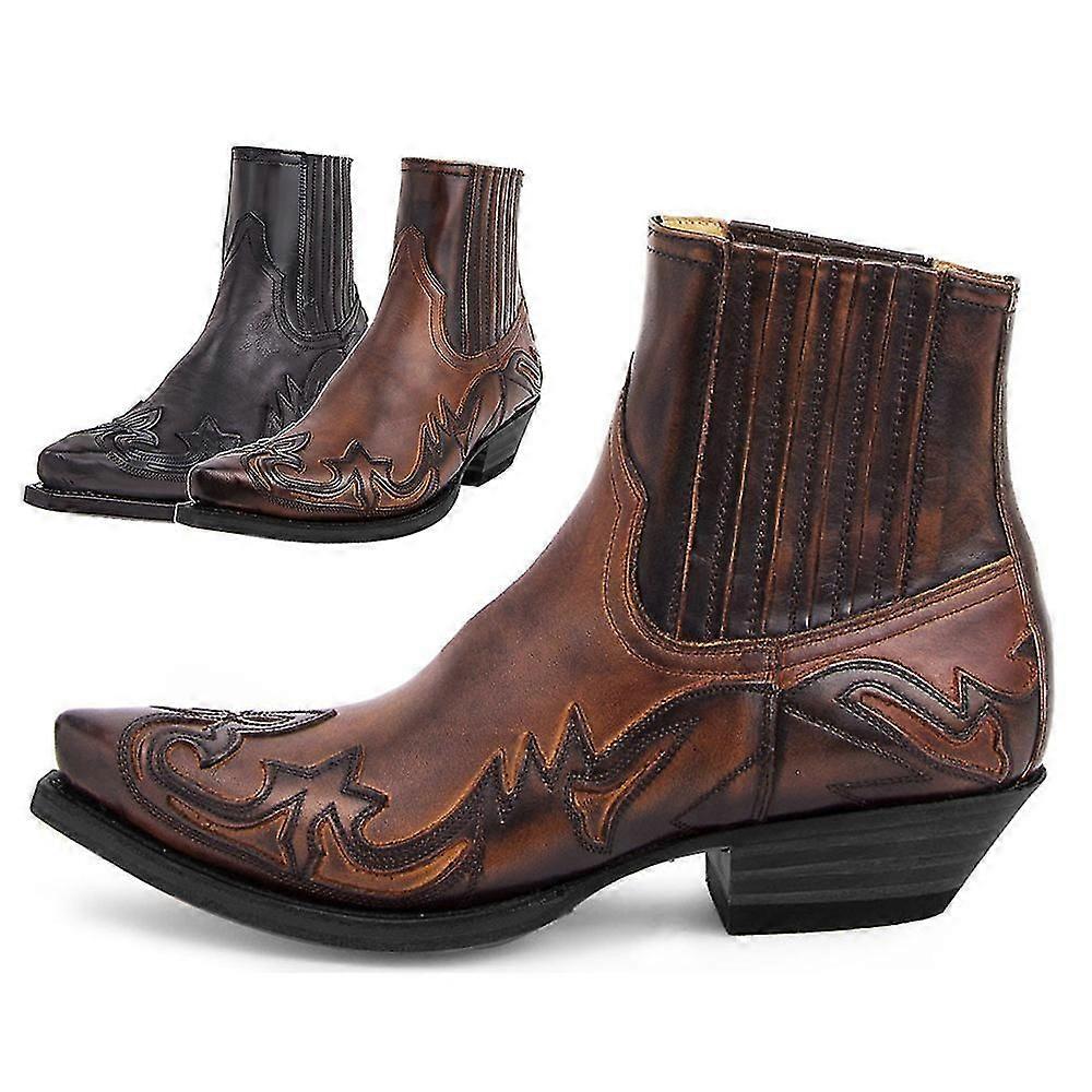 Brown and black inlay western ankle boots shown together