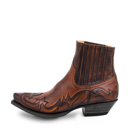 Brown leather western ankle boot with burnished inlay
