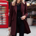 Knee-Length Notch Lapel Coat in Burgundy | Valenira
