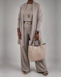 Taupe knit set with a long open cardigan, camisole and wide-leg pants