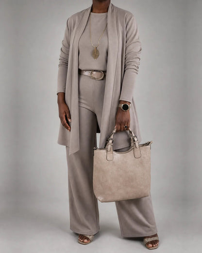 Taupe knit set with a long open cardigan, camisole and wide-leg pants