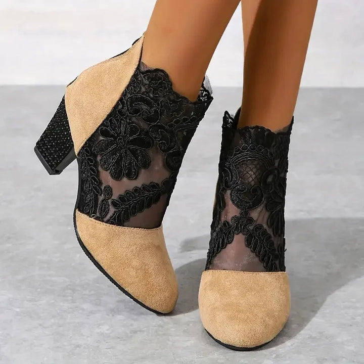 Lace Panel Ankle Boots in Beige | Valenira
