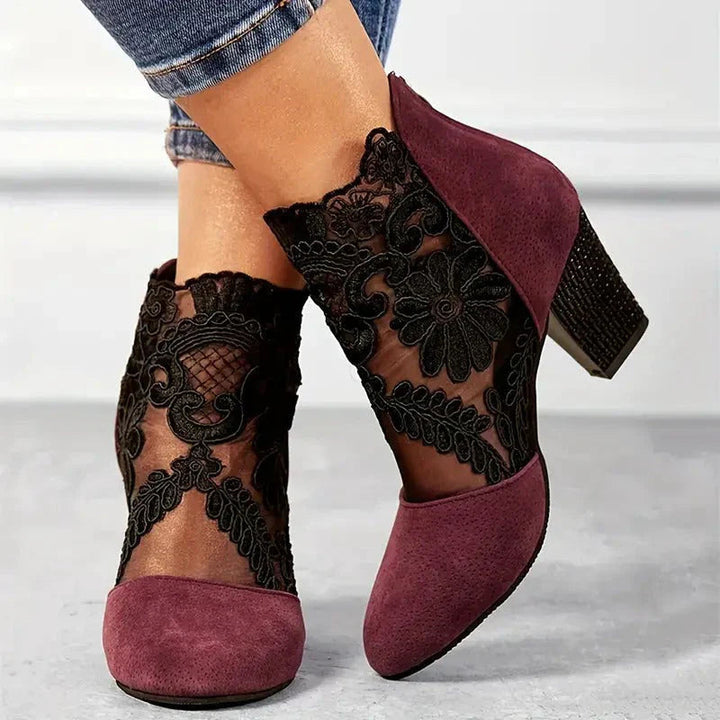 Lace Panel Ankle Boots in Burgundy | Valenira