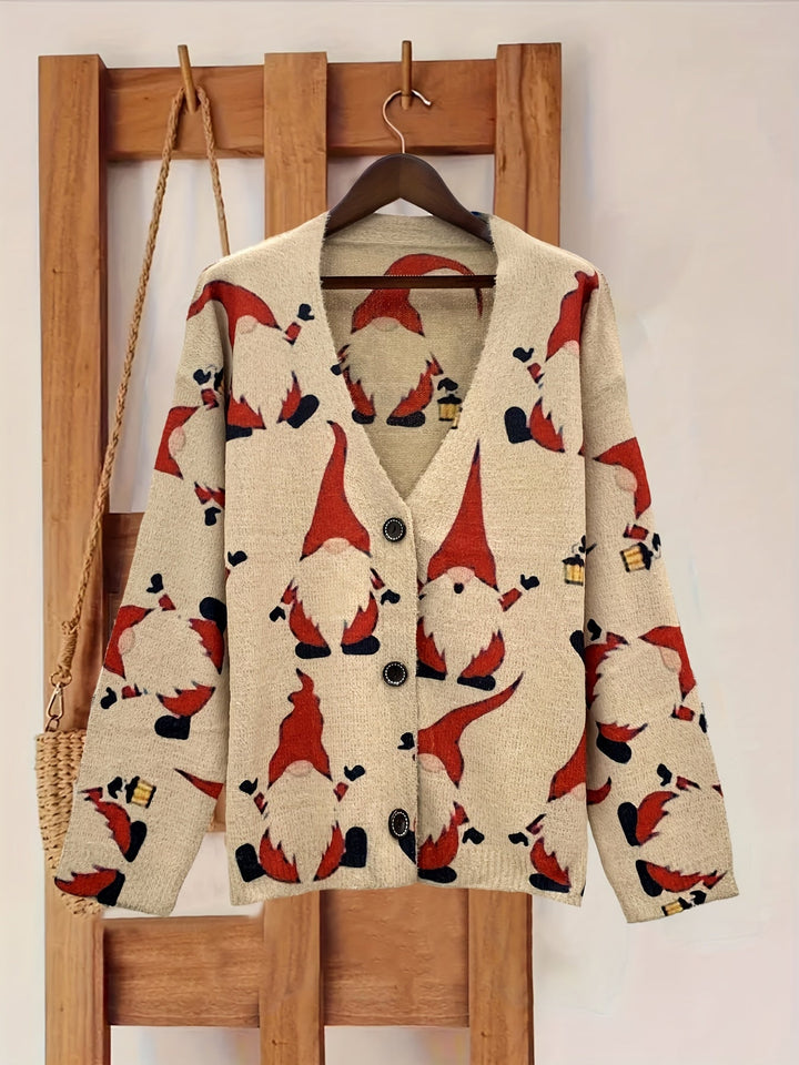 Cream button-front cardigan with an allover red gnome print, shown on a wooden hanger