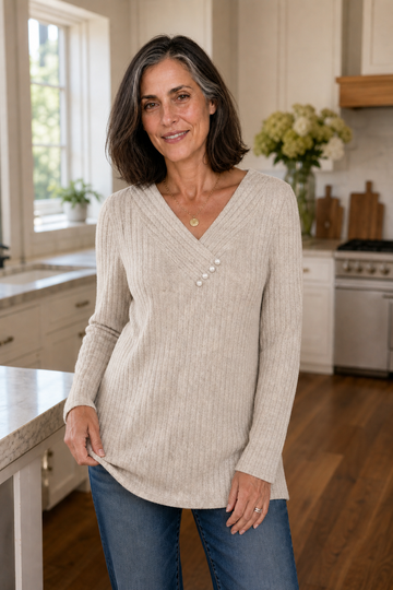 Ribbed V Neck Button Detail Sweater