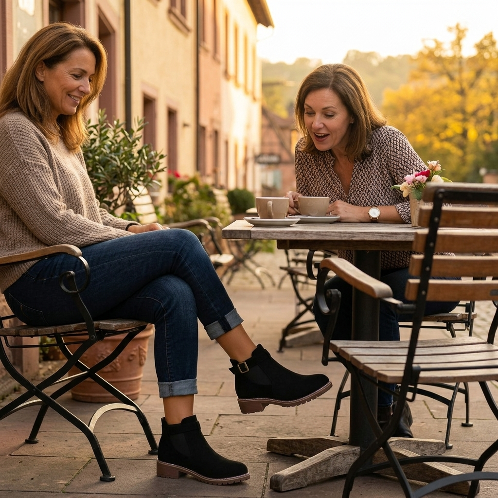 Black suede ankle boots with buckle strap worn with cuffed jeans at a cafe