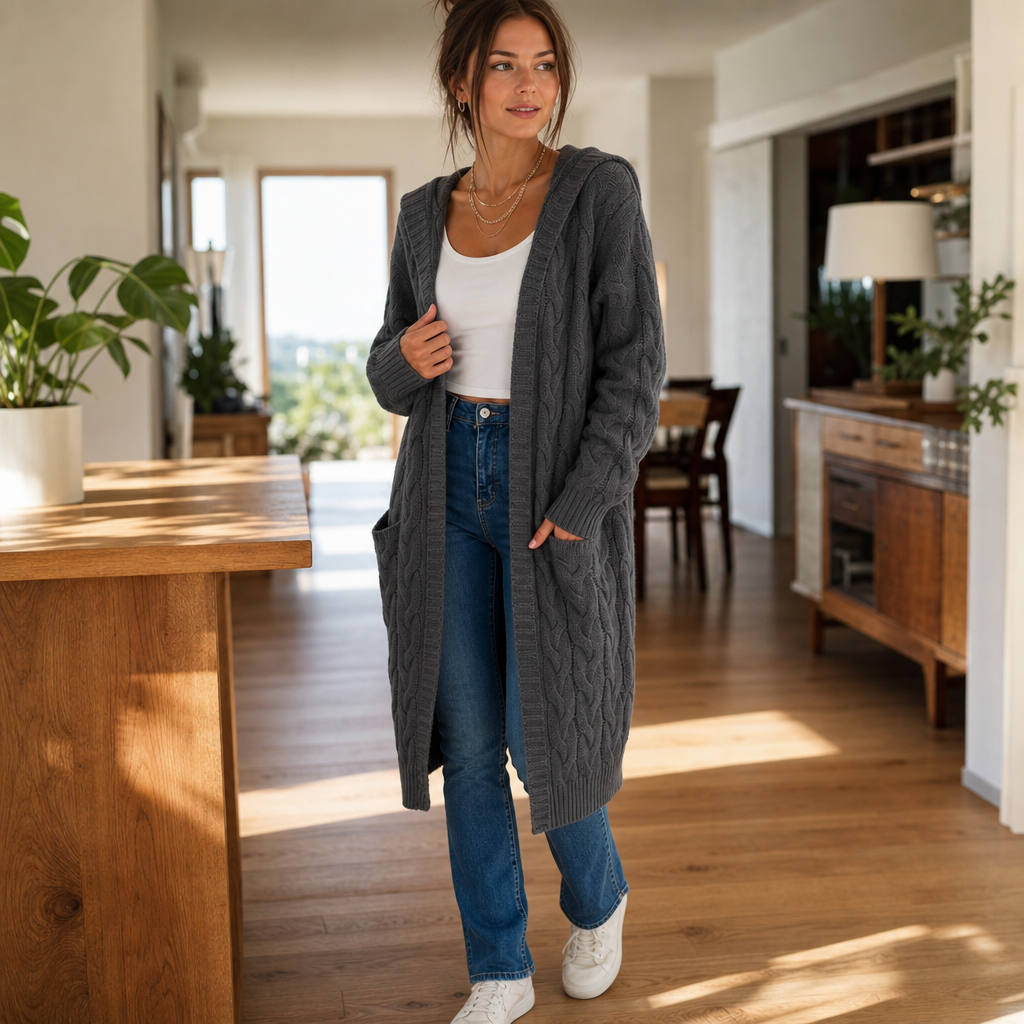 Hooded Longline Cable Knit Cardigan