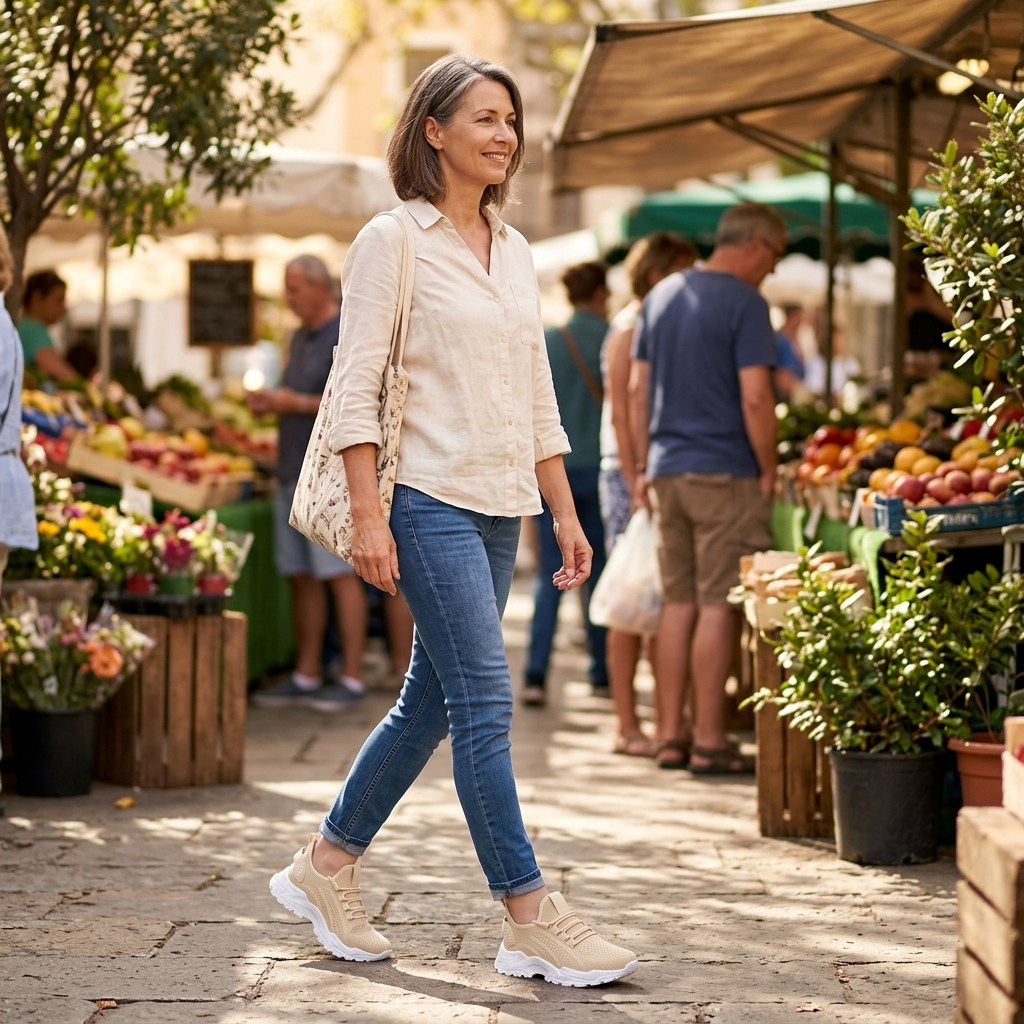 Woman walking through an outdoor market in beige knit sneakers, jeans and a linen shirt