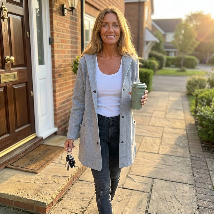 Woman walking outside in a grey longline hooded cardigan jacket with pockets