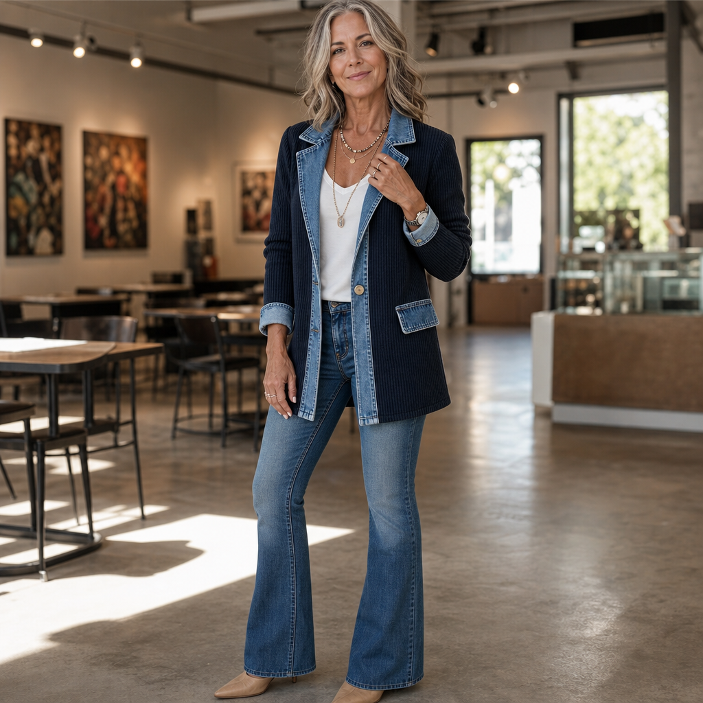 Denim Lapel Ribbed Knit Longline Jacket