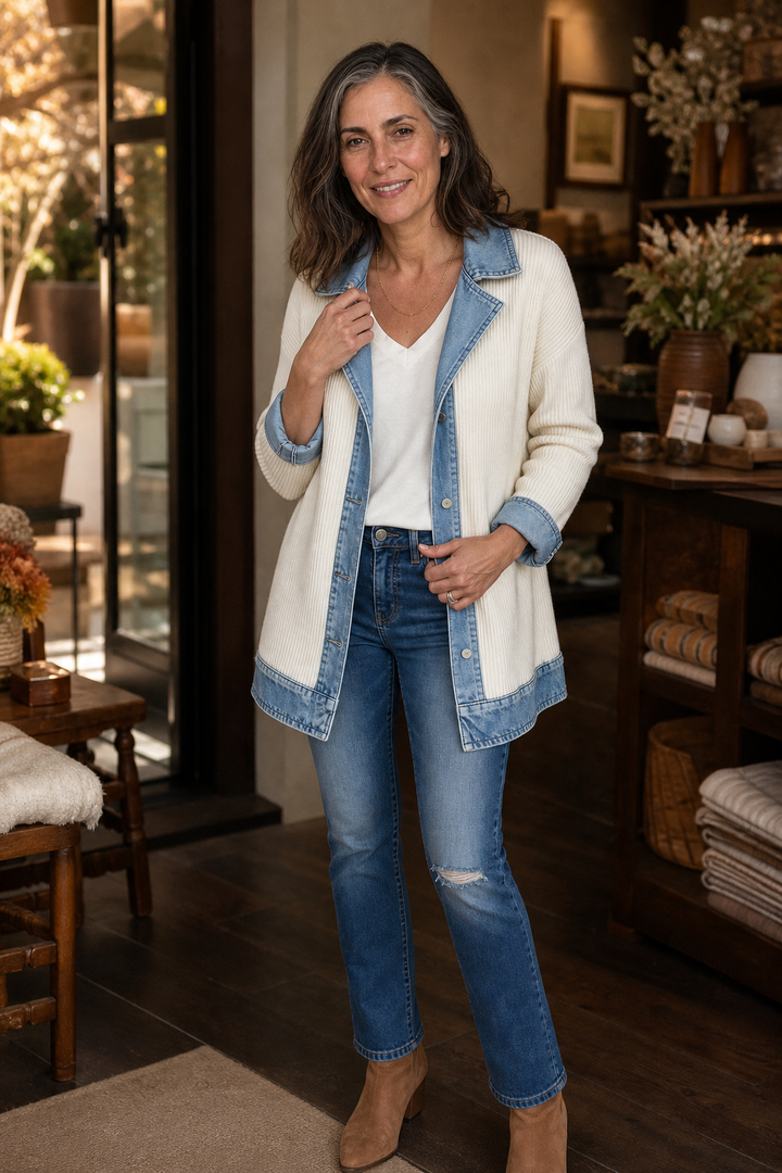 Woman in a homeware shop in a cream denim trim knit coat