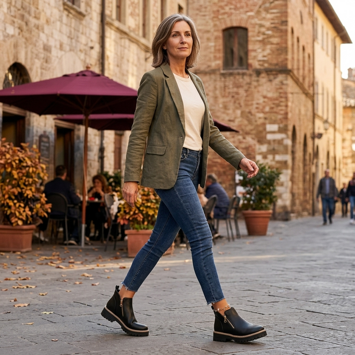 Woman walking a cobbled street in black zip ankle boots with jeans and a green blazer