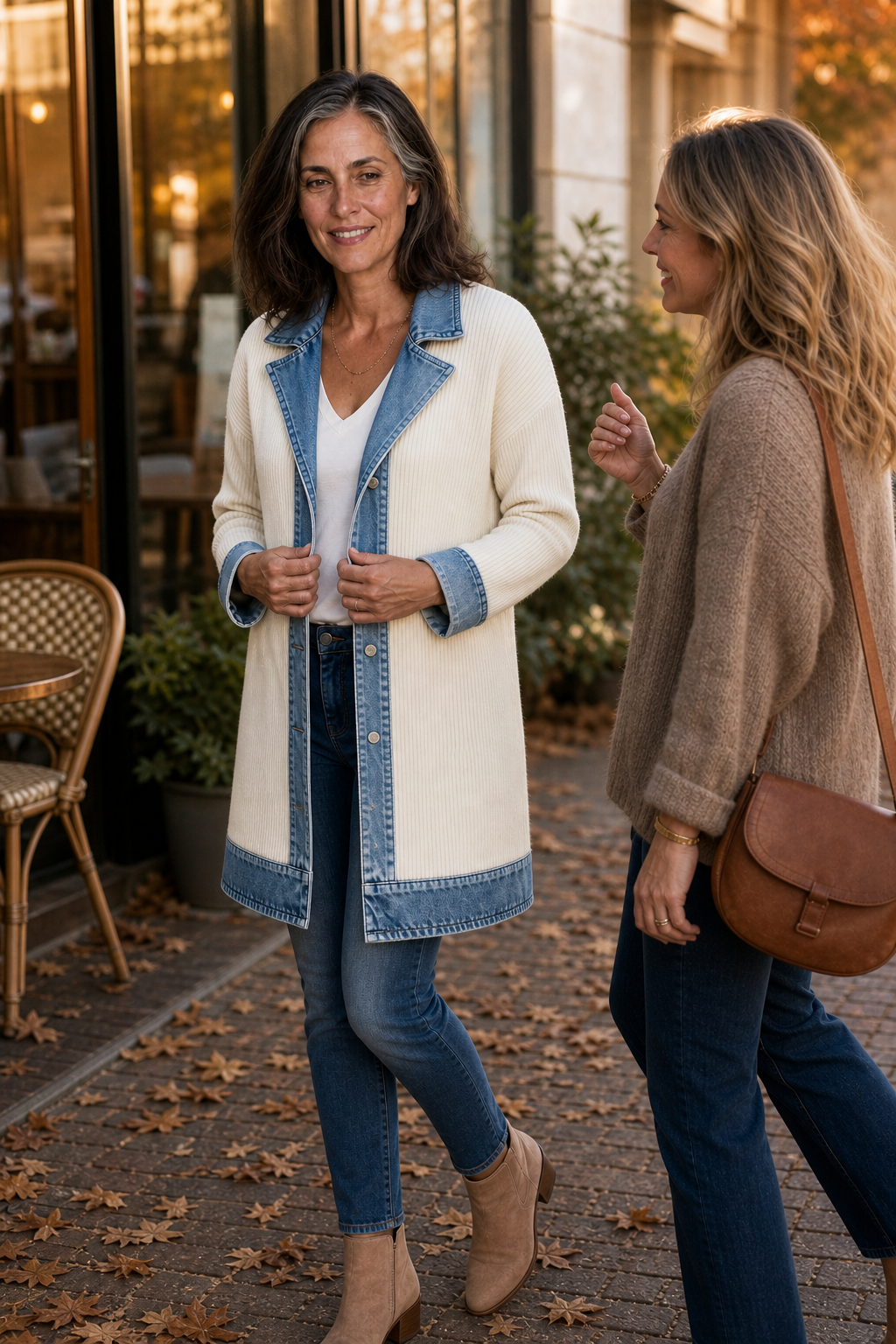 Two women walking, one in a cream denim trim knit coat