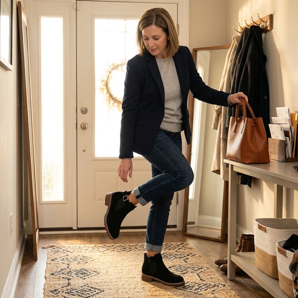 Woman in a hallway slipping on a black suede buckle strap ankle boot