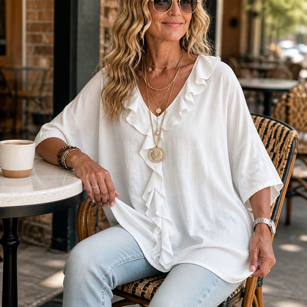 Woman seated at a cafe table wearing a white ruffle front blouse with three quarter sleeves