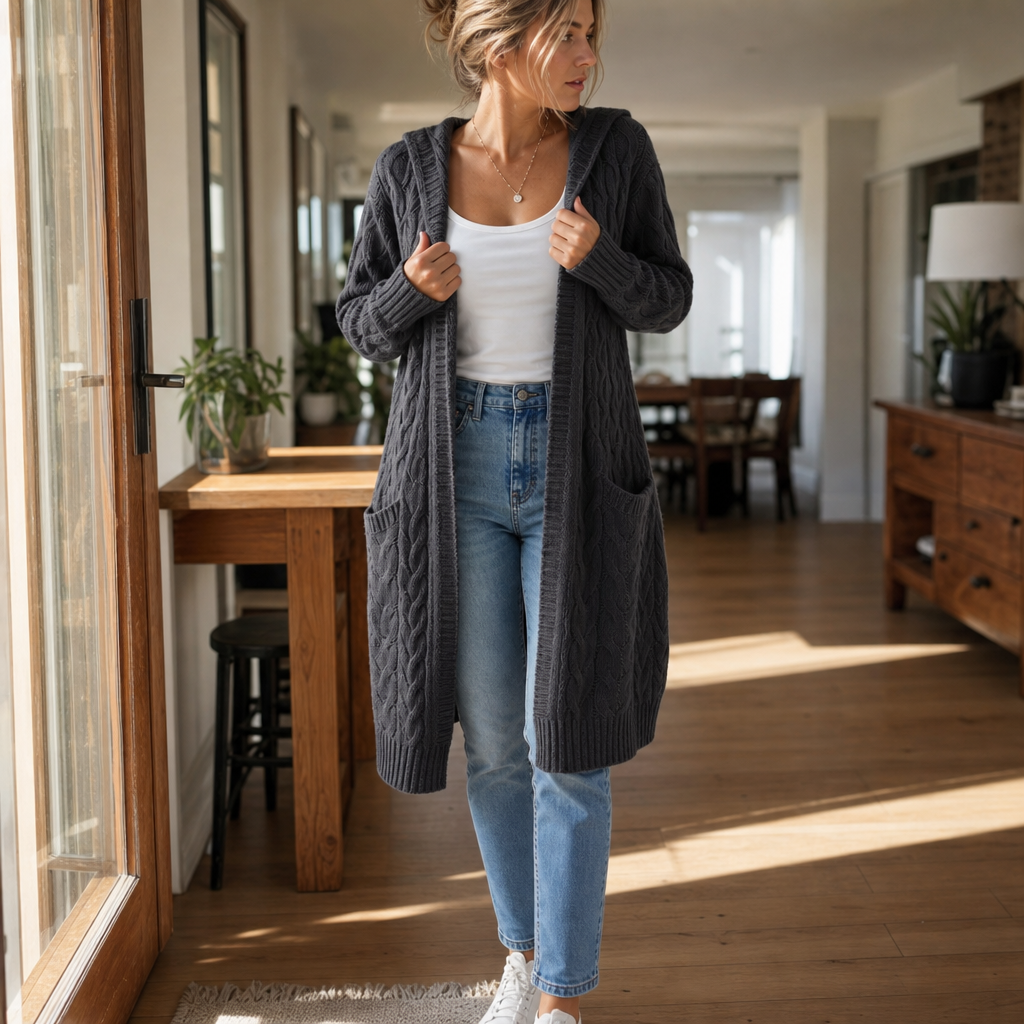 Hooded Longline Cable Knit Cardigan