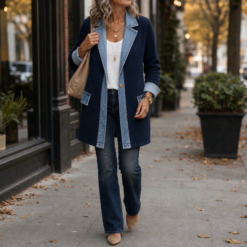 Denim Lapel Ribbed Knit Longline Jacket