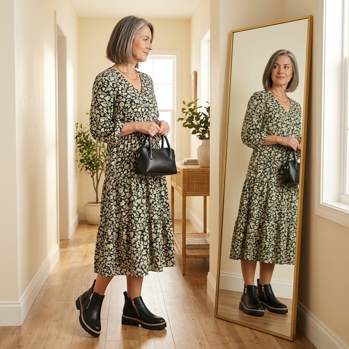 Black platform ankle boots with side zip worn with a green floral midi dress
