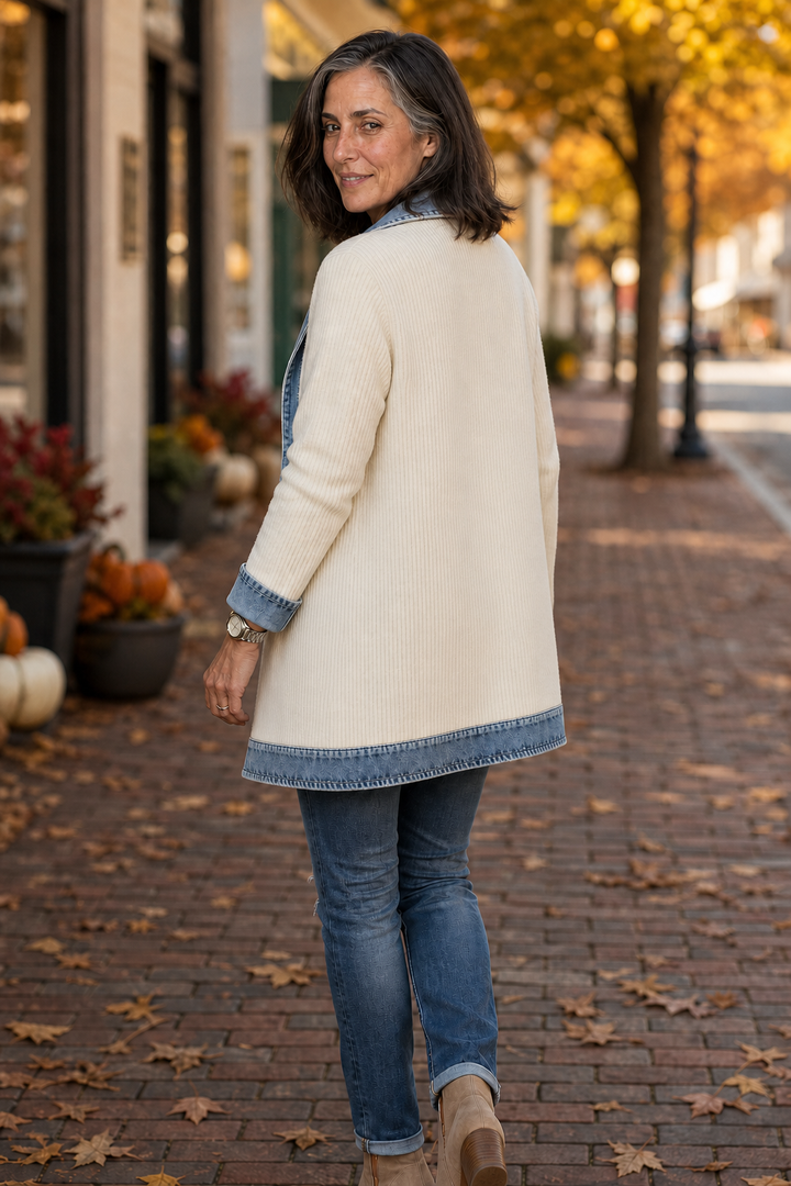 Back view of a cream denim trim knit coat on an autumn street