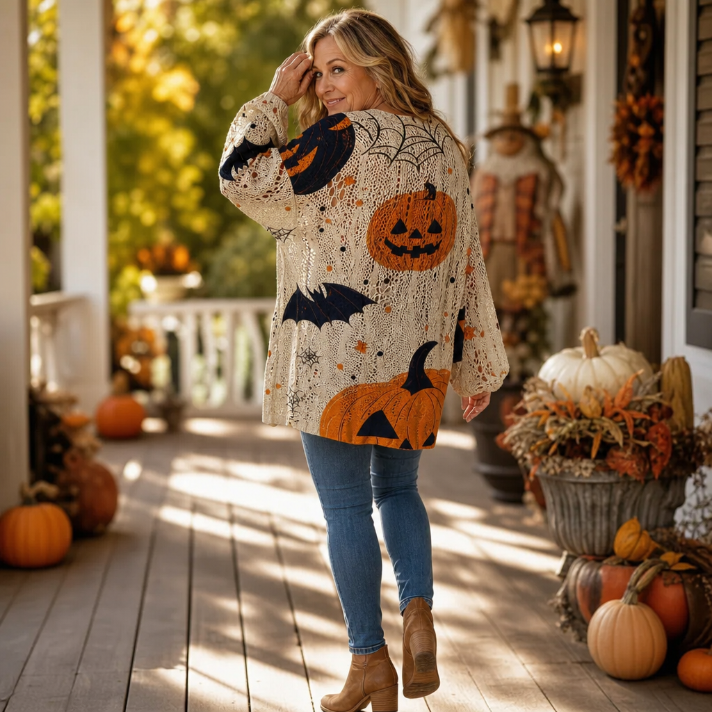 Back view of a cream open-knit sweater with pumpkin, bat and spider web motifs