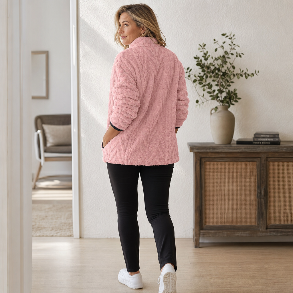 Back view of a pink plush half zip fleece pullover with leggings