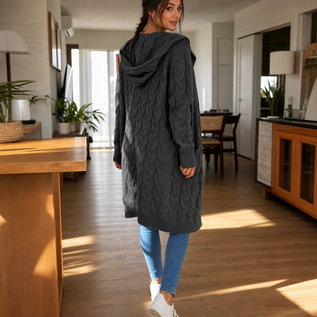 Hooded Longline Cable Knit Cardigan