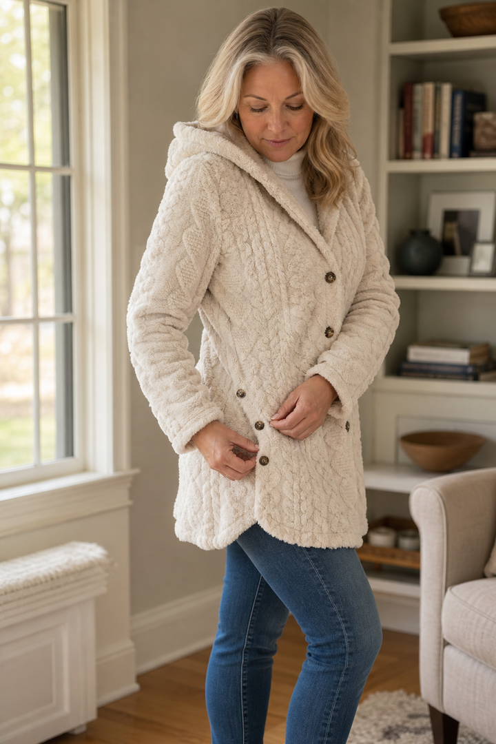 Woman buttoning a cream cable texture fleece hooded coat