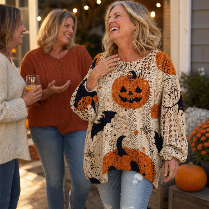 Woman outdoors wearing a cream open knit sweater with orange pumpkin, bat and spiderweb print