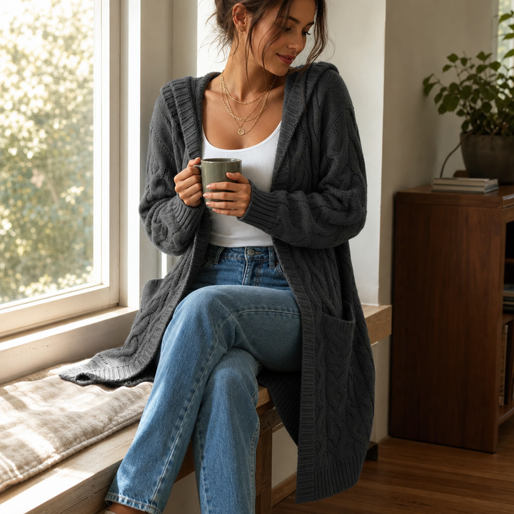 Hooded Longline Cable Knit Cardigan