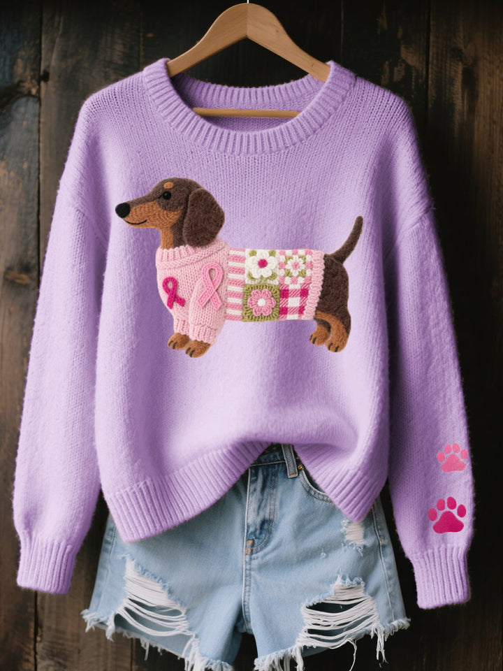 Lilac knit sweater with an embroidered dachshund motif and paw prints on the sleeve