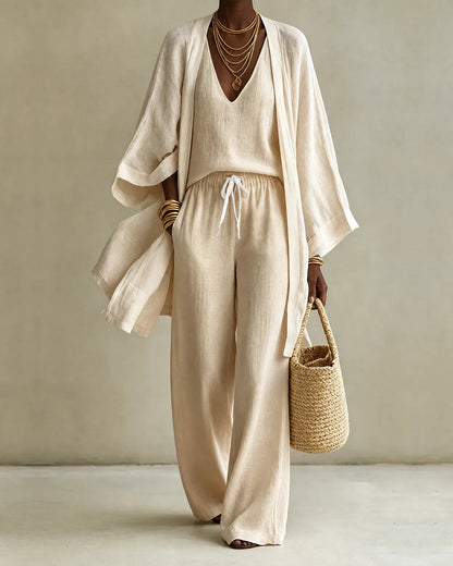 Beige linen look kimono, V-neck top and drawstring wide-leg pants set, front view