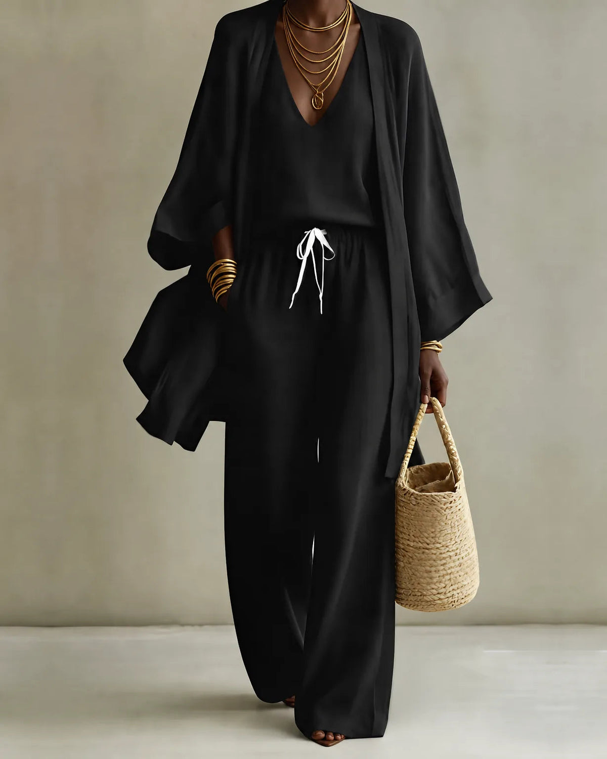 Black linen look kimono, V-neck top and drawstring wide-leg pants set, front view