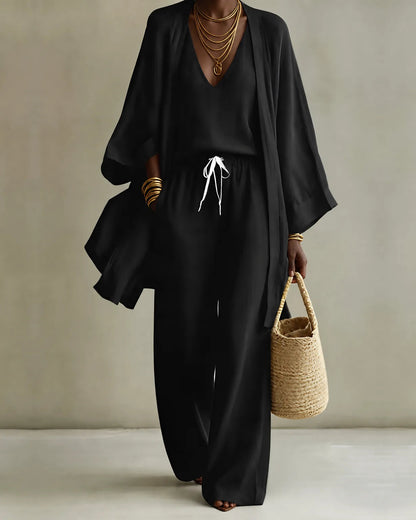 Black linen look kimono, V-neck top and drawstring wide-leg pants set, front view