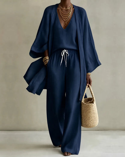 Dark blue linen look kimono, V-neck top and drawstring wide-leg pants set, front view