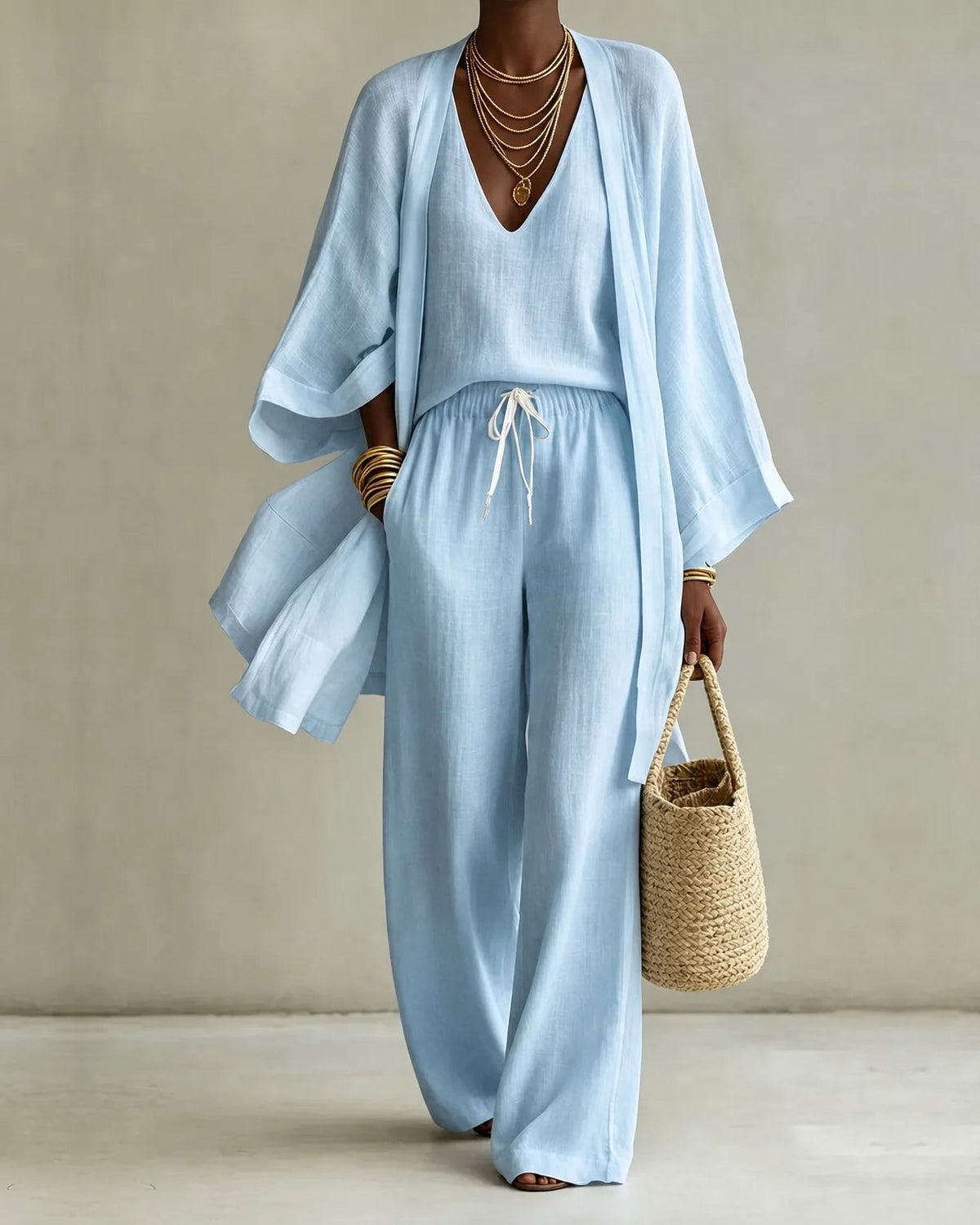 Light blue linen look kimono, V-neck top and drawstring wide-leg pants set, front view