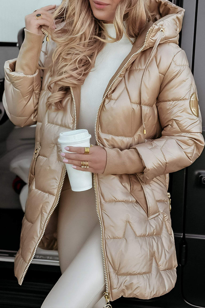 Beige glossy longline puffer coat with gold zip, front view