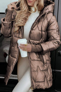 Brown glossy longline puffer coat with a drawstring hood, front view