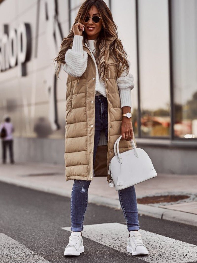 Camel longline hooded puffer vest with channel quilting, front view