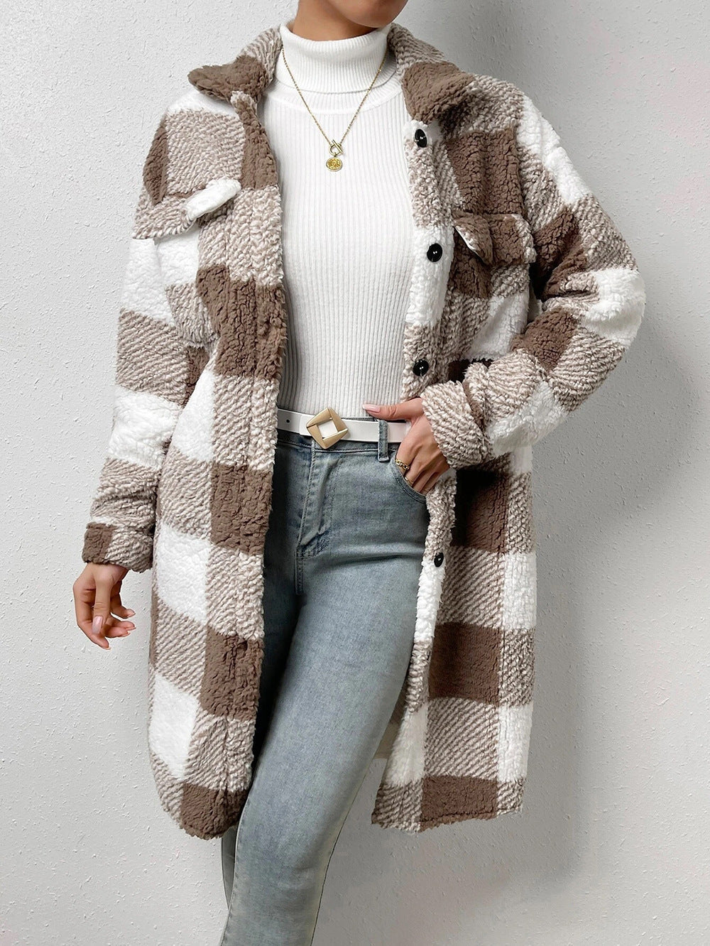 Brown and white teddy check coat with a plush pile, front view