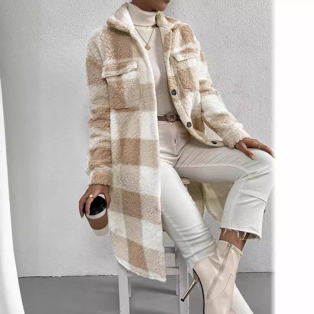Camel and cream teddy check coat with flap chest pockets, front view