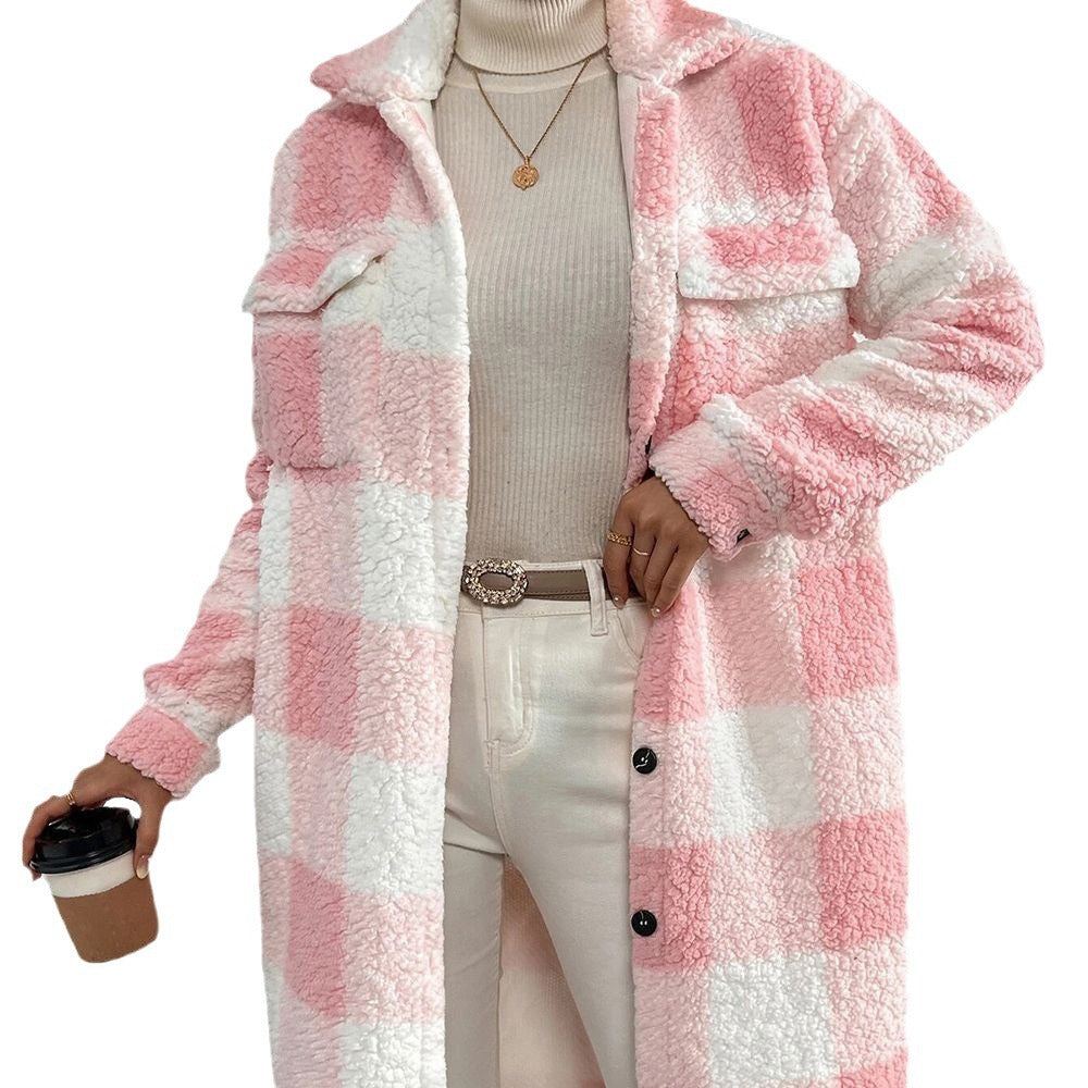 Pink and white teddy check coat with a shirt collar, close front view