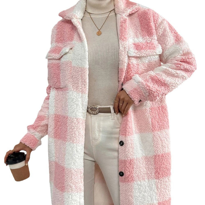 Pink and white teddy check coat with a shirt collar, close front view