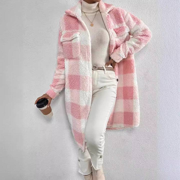 Pink and white teddy check coat worn over white jeans, front view