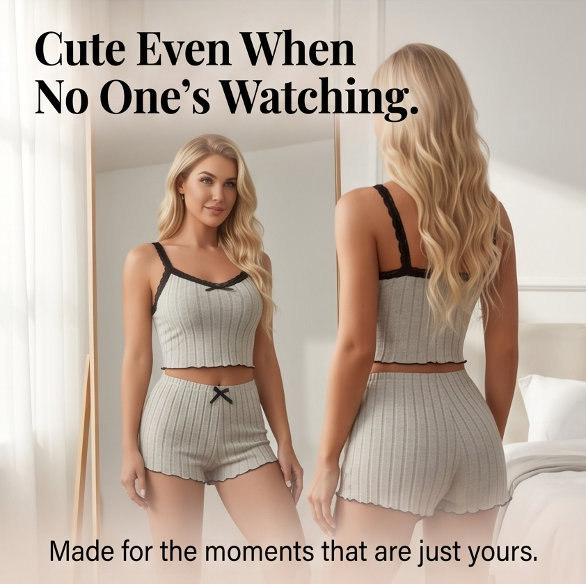 Ribbed Lace-Trim Cami Set