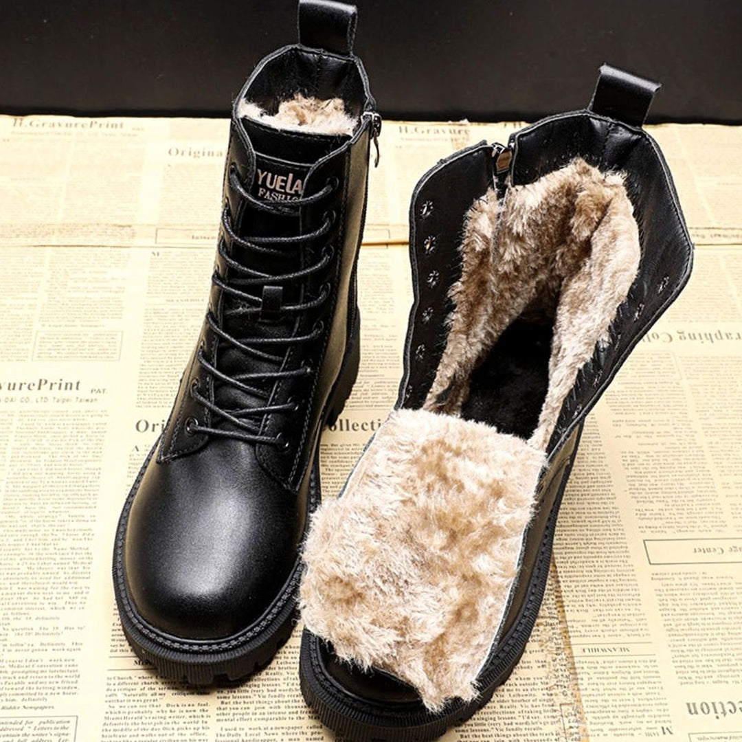 Black lace up winter ankle boots with thick fleece lining shown inside and out