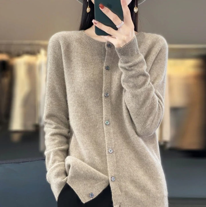 Merino Wool Knit Cardigan in Beige | Valenira
