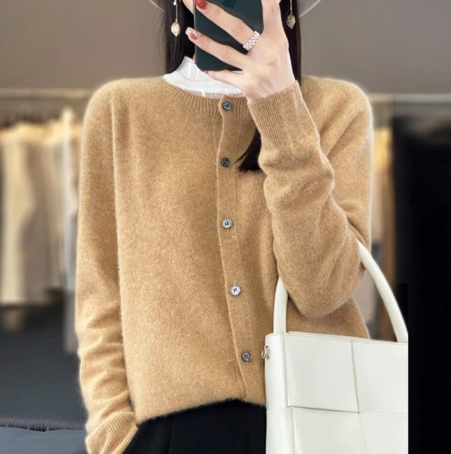 Merino Wool Knit Cardigan in Camel | Valenira
